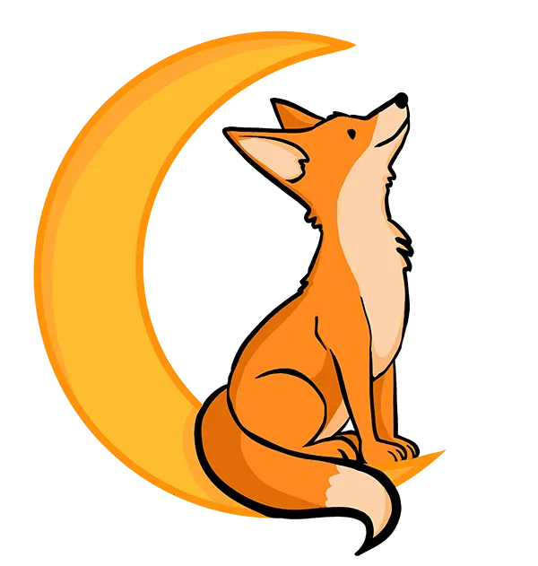 A drawing of a fox sitting on a crescent moon