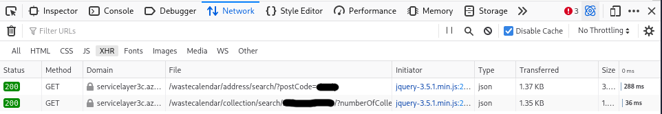 A screenshot of Firefox developer tools showing two GET
requests
