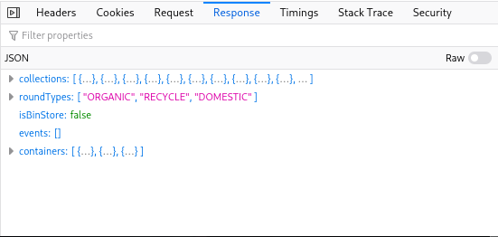 A screenshot of Firefox developer tools showing the JSON response for a GET request