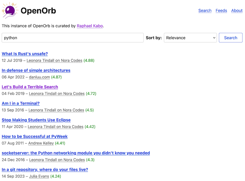A screenshot of the OpenOrb interface, showing the results for a search for 'python'.