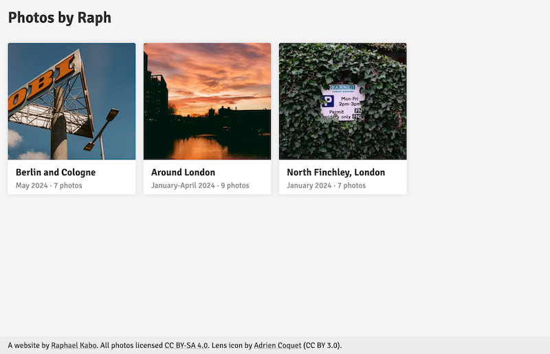 The albums page, showing three albums with cover images, titles, dates, and the number of photos in the album.