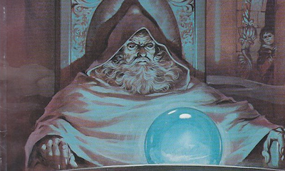 The 'pondering my orb' meme - a high fantasy style wizard gazes into a magical blue orb.